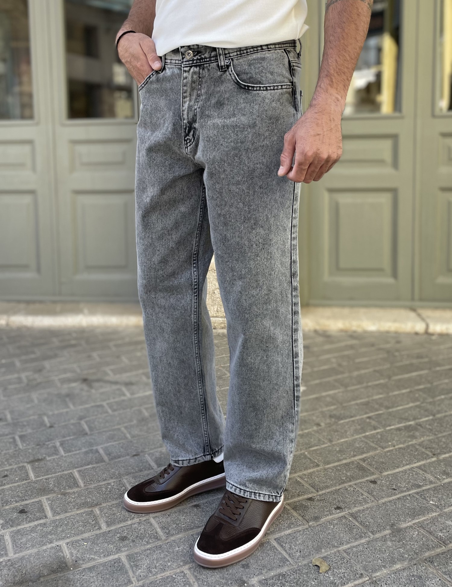 G8 Ανδρικό γκρι Loose τζιν ελαστικό πεντάτσεπο με φερμουάρ G81091